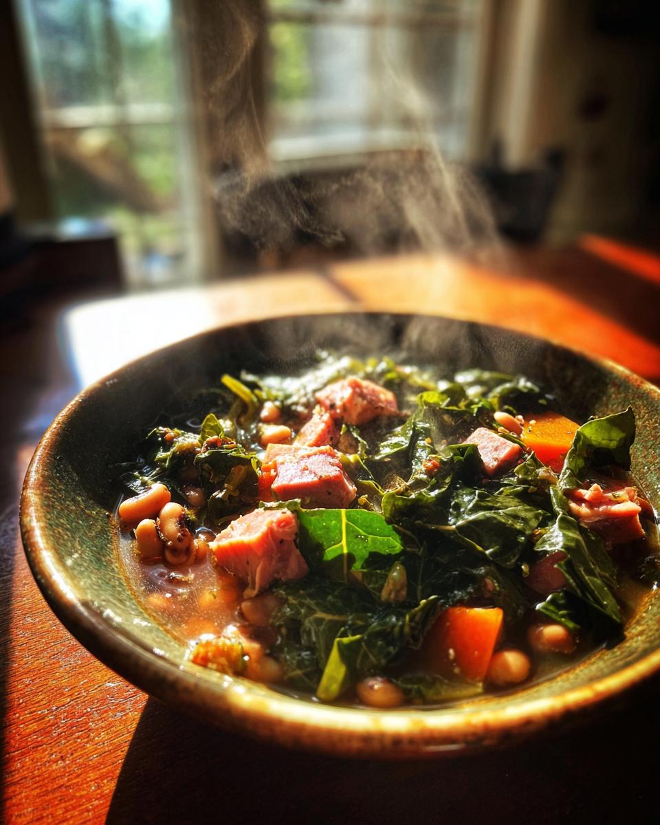 A steaming bowl of black-eyed peas, collard greens, and ham, perfect for New Years Day food.