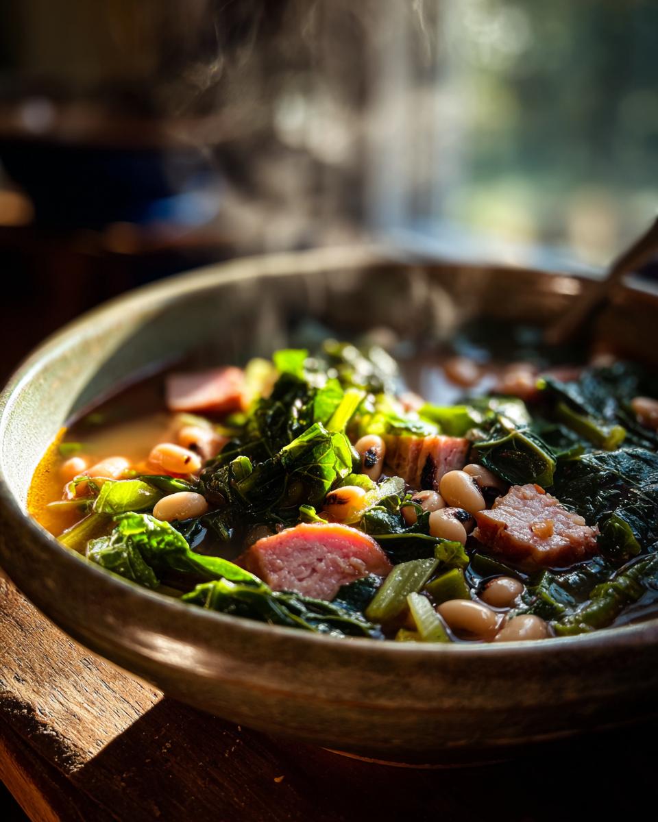 Close-up of a steaming bowl of black-eyed peas and greens, a traditional new years day food.
