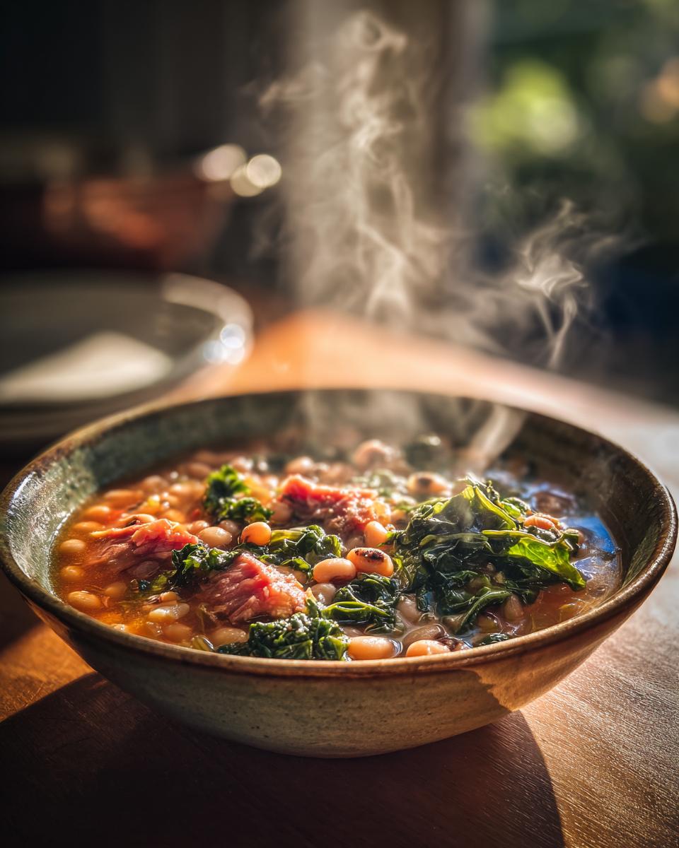 A steaming bowl of black-eyed peas with greens and meat, a traditional new years day food.