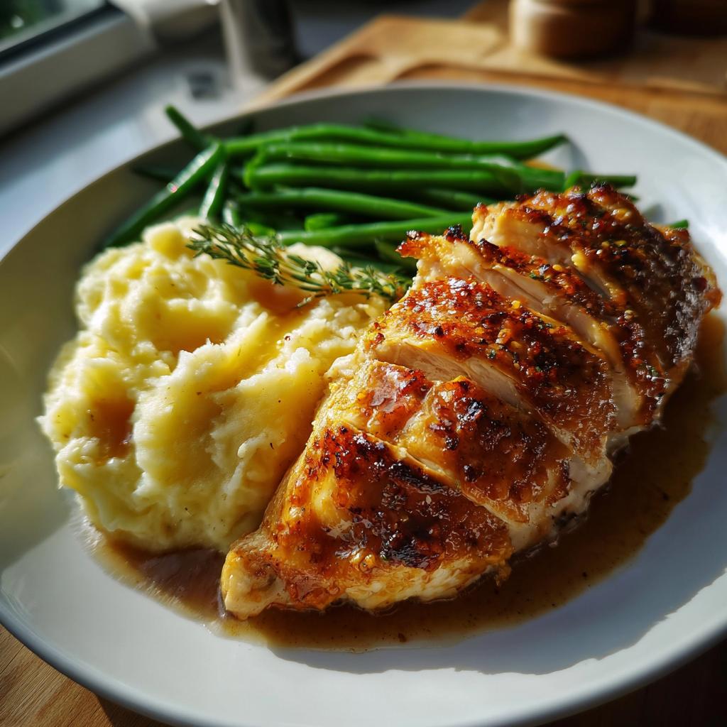 A beautifully plated dish of sliced chicken breast with mashed potatoes and green beans, perfect for new years dinner ideas.