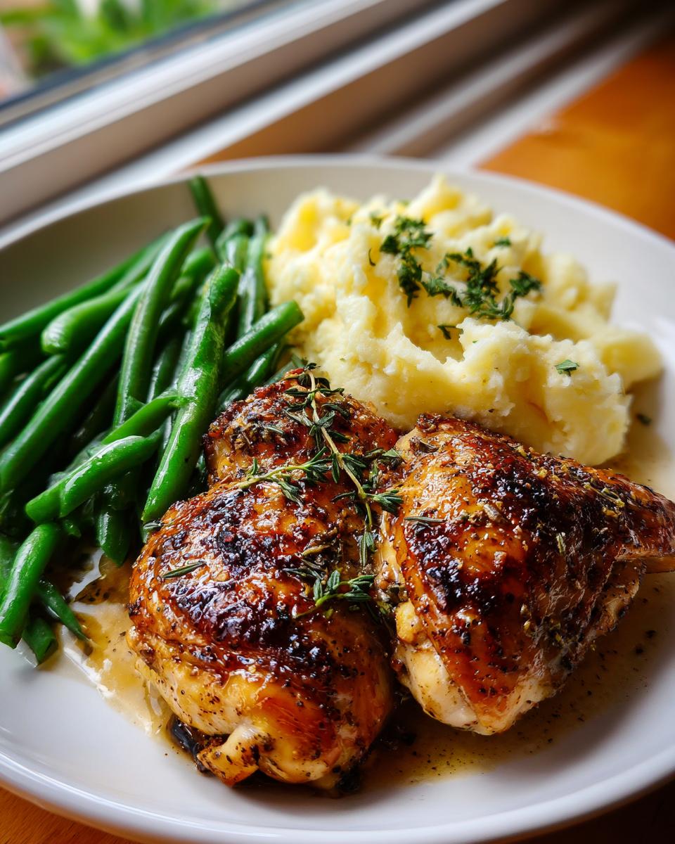 A plate of roasted chicken thighs with mashed potatoes and green beans, perfect for new years dinner ideas.