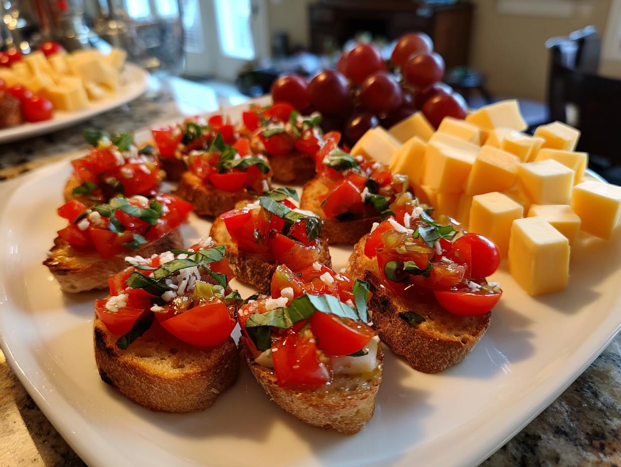 A platter of fresh bruschetta with tomatoes, basil, and cheese, perfect for New Years Eve appetizers.