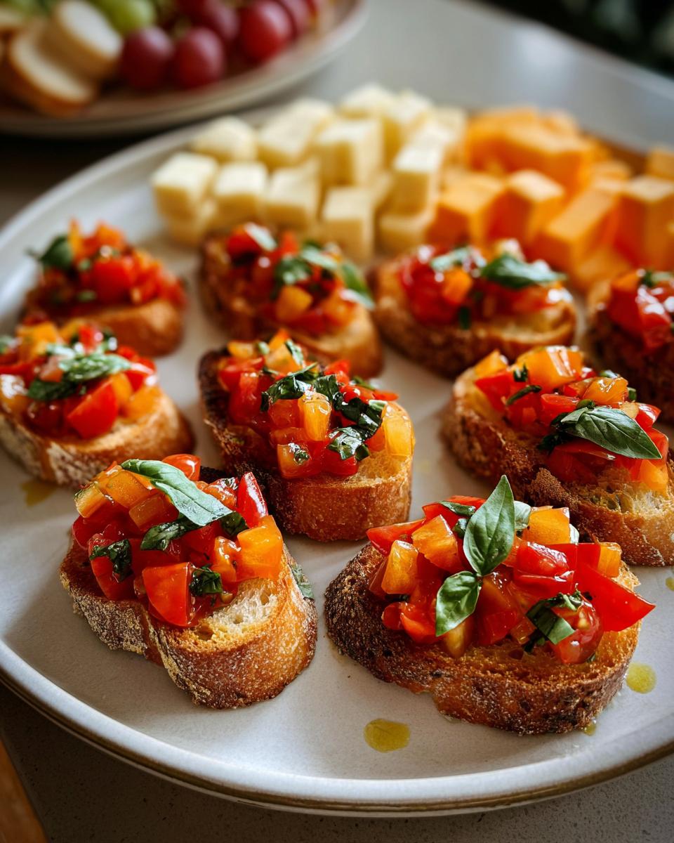 A platter of fresh bruschetta, a perfect addition to your new years eve appetizers, topped with tomatoes, peppers, and basil.