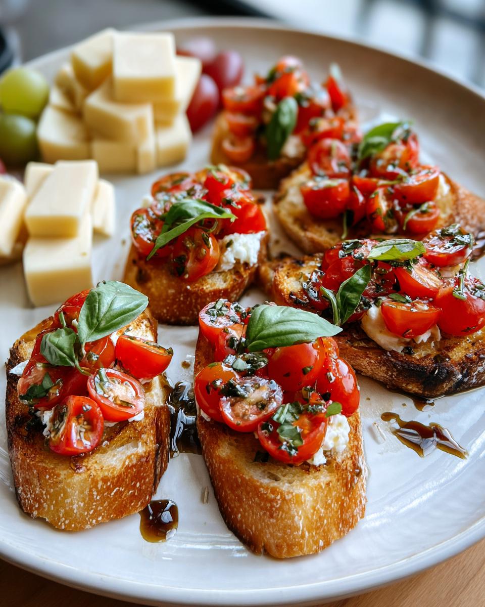 Close-up of tomato bruschetta, a perfect new years eve appetizer, topped with fresh tomatoes, basil, and cheese.