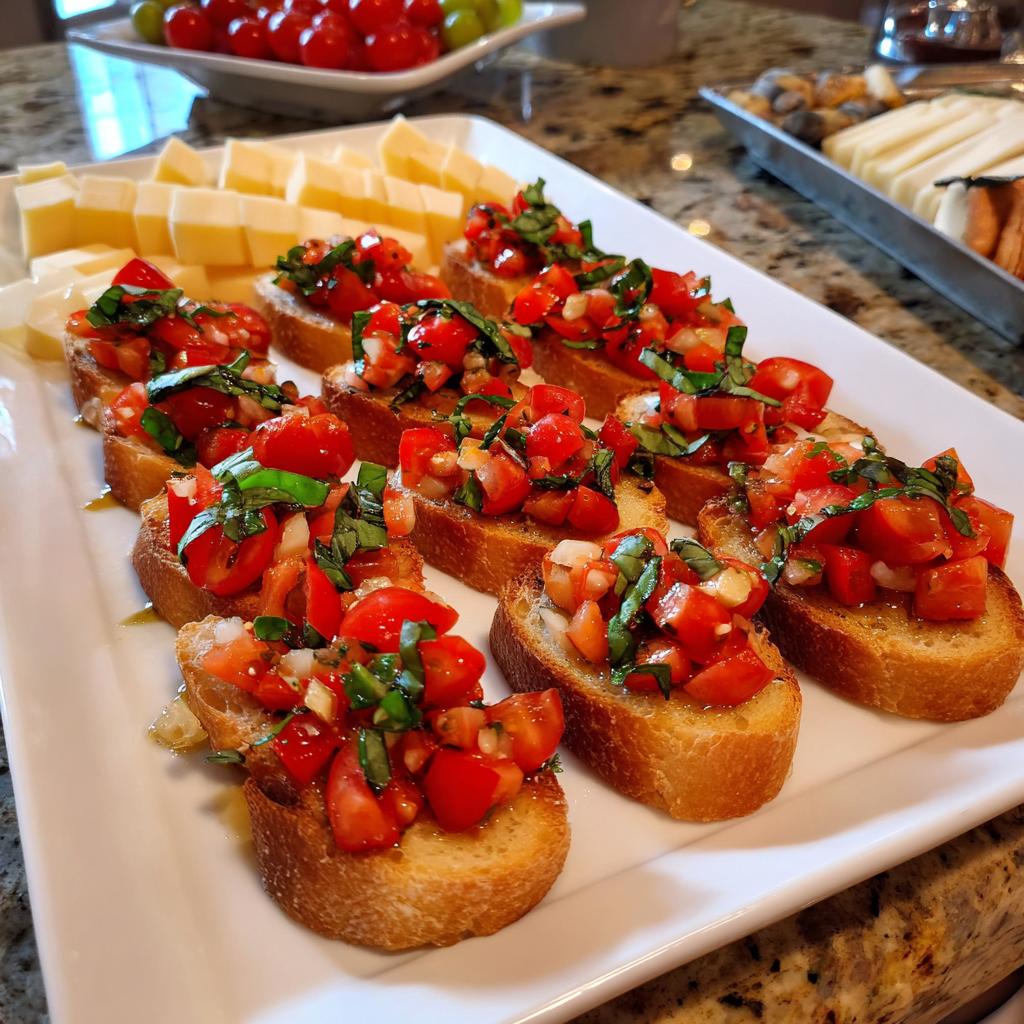 A platter of fresh tomato bruschetta, a perfect new years eve appetizer, topped with chopped tomatoes and basil.