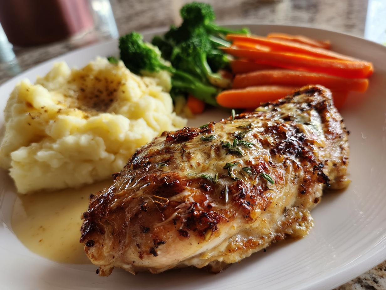 A delicious plate of roasted chicken breast with mashed potatoes, steamed carrots, and broccoli, perfect for New Years Eve dinner ideas.