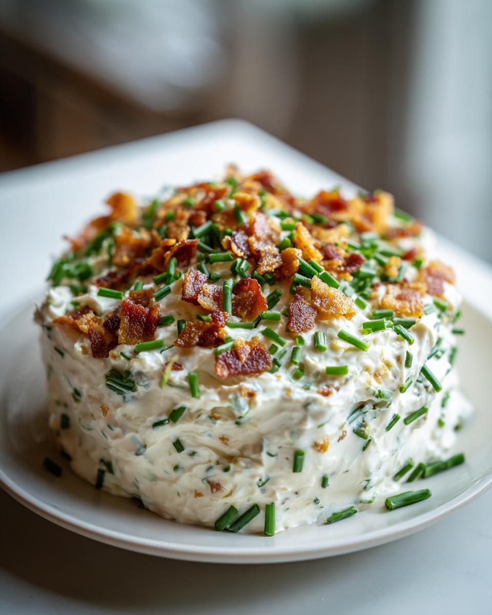 A creamy appetizer topped with bacon bits and chives, perfect for New Year's Eve food.