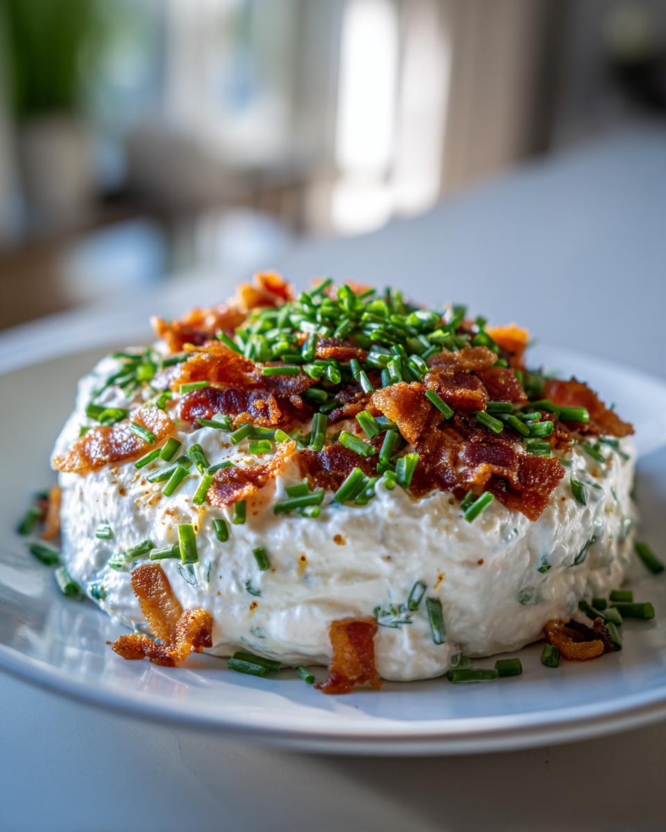 A delicious mound of creamy new year's eve food topped with crispy bacon bits and fresh chopped chives.