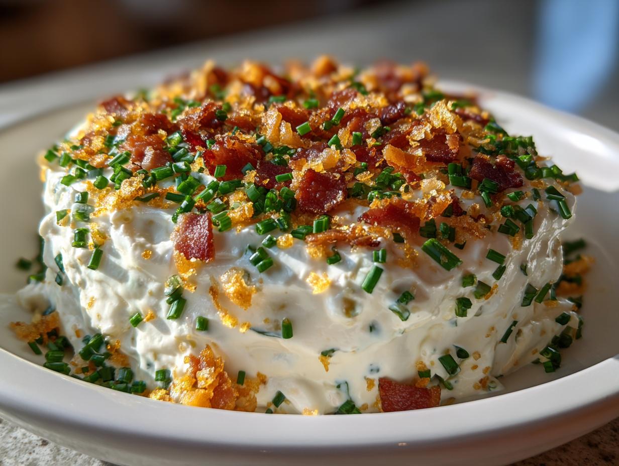 Close-up of a creamy cheese dip topped with bacon, chives, and crispy bits, perfect for New Year's Eve food.