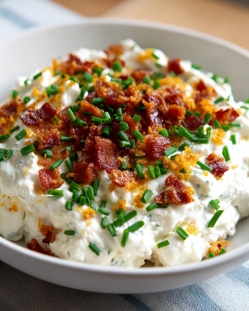 Close-up of a creamy dip topped with crumbled bacon and fresh chives, perfect for new year's eve food.