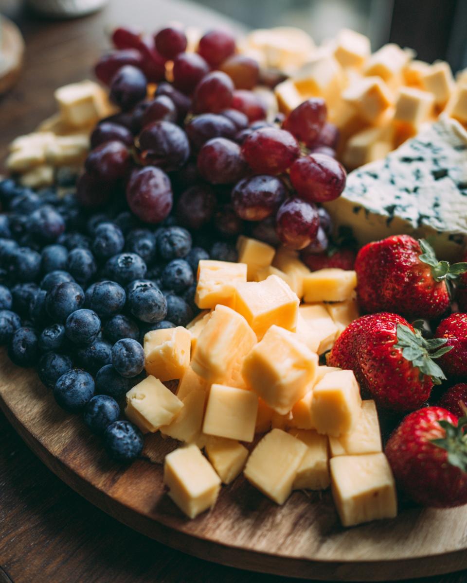 A close-up of a cheese board featuring blueberries, grapes, strawberries, and cubed cheeses, perfect for new years eve food ideas.