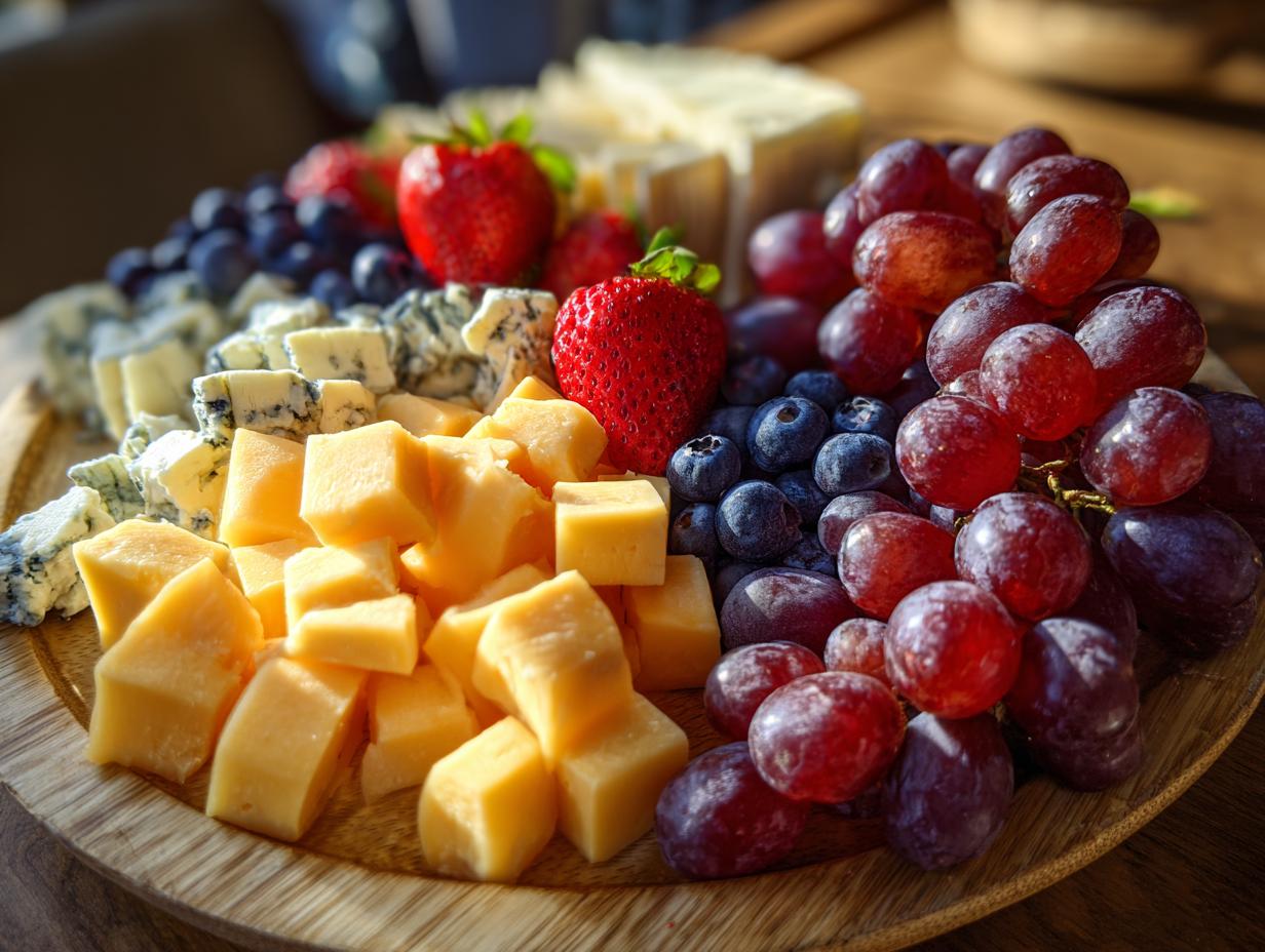 A close-up of a cheese board featuring cubed cheddar, blue cheese, grapes, blueberries, and strawberries, perfect for new years eve food ideas.
