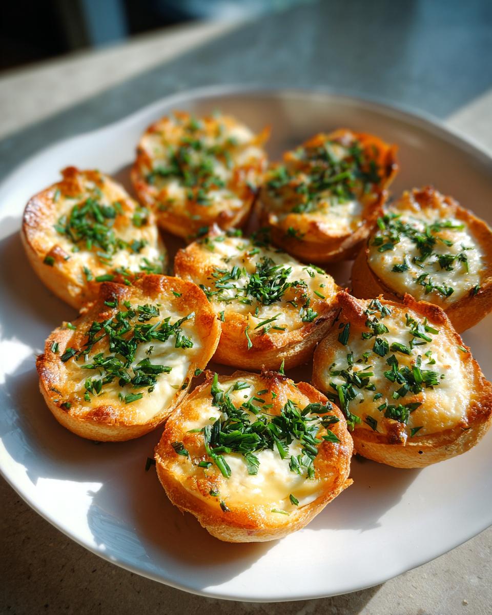 Close-up of golden-brown baked bites topped with melted cheese and fresh chives, perfect for new year's eve party food.