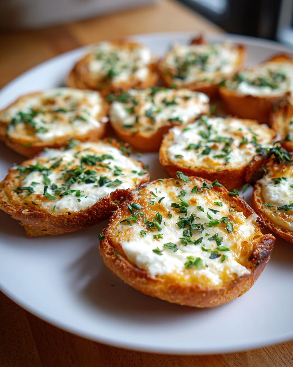 A plate of golden-brown bruschetta bites topped with melted cheese and fresh herbs, perfect new year’s eve party food.