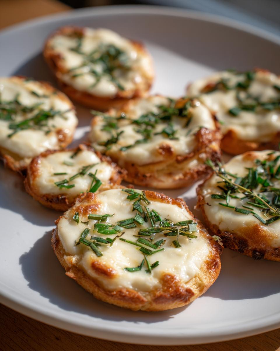 Close-up of cheesy bites topped with fresh herbs, perfect for new year's eve party food.
