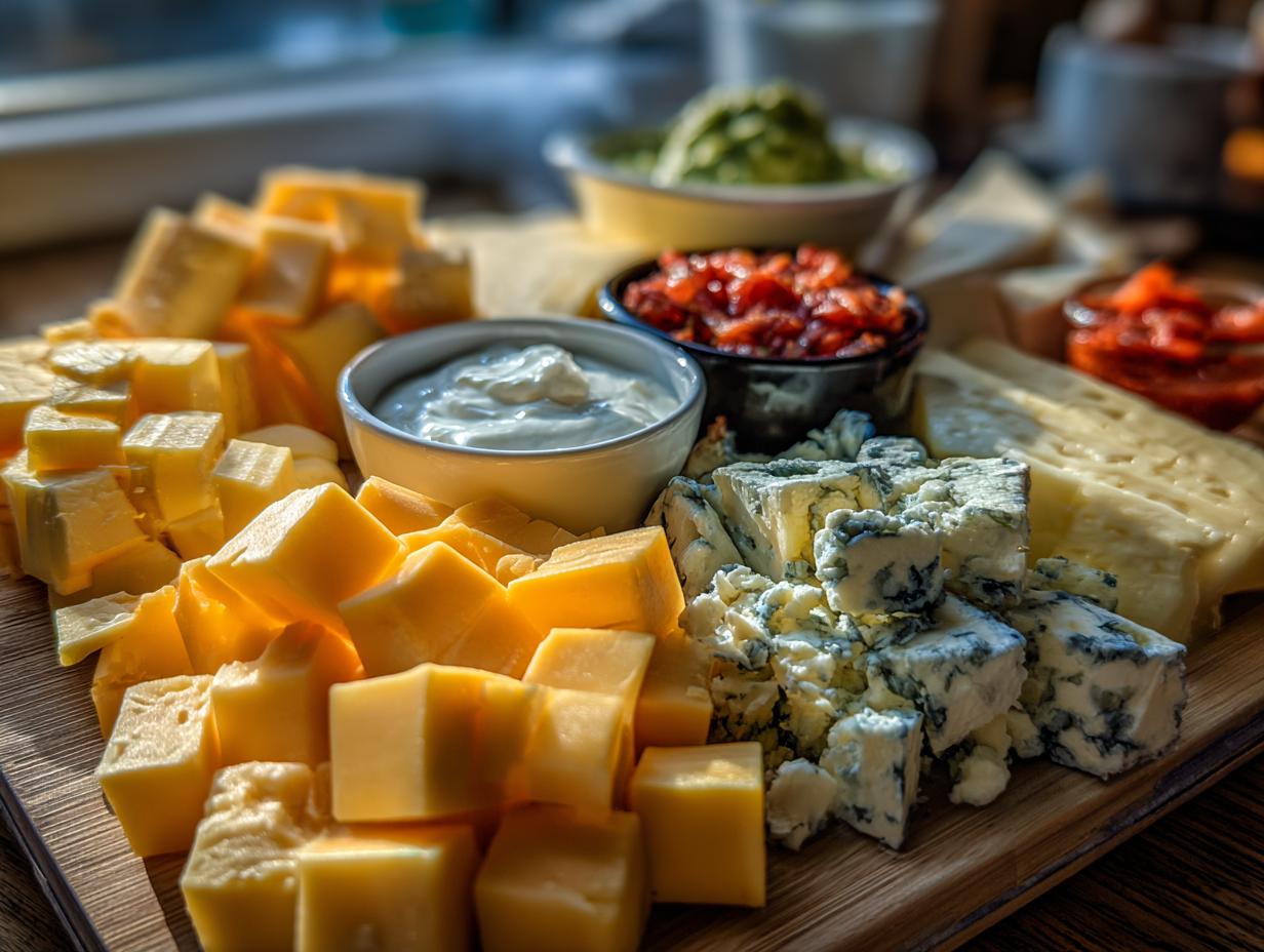 A festive cheese board featuring various cheeses, dips, and toppings, perfect for New Years Eve snacks.