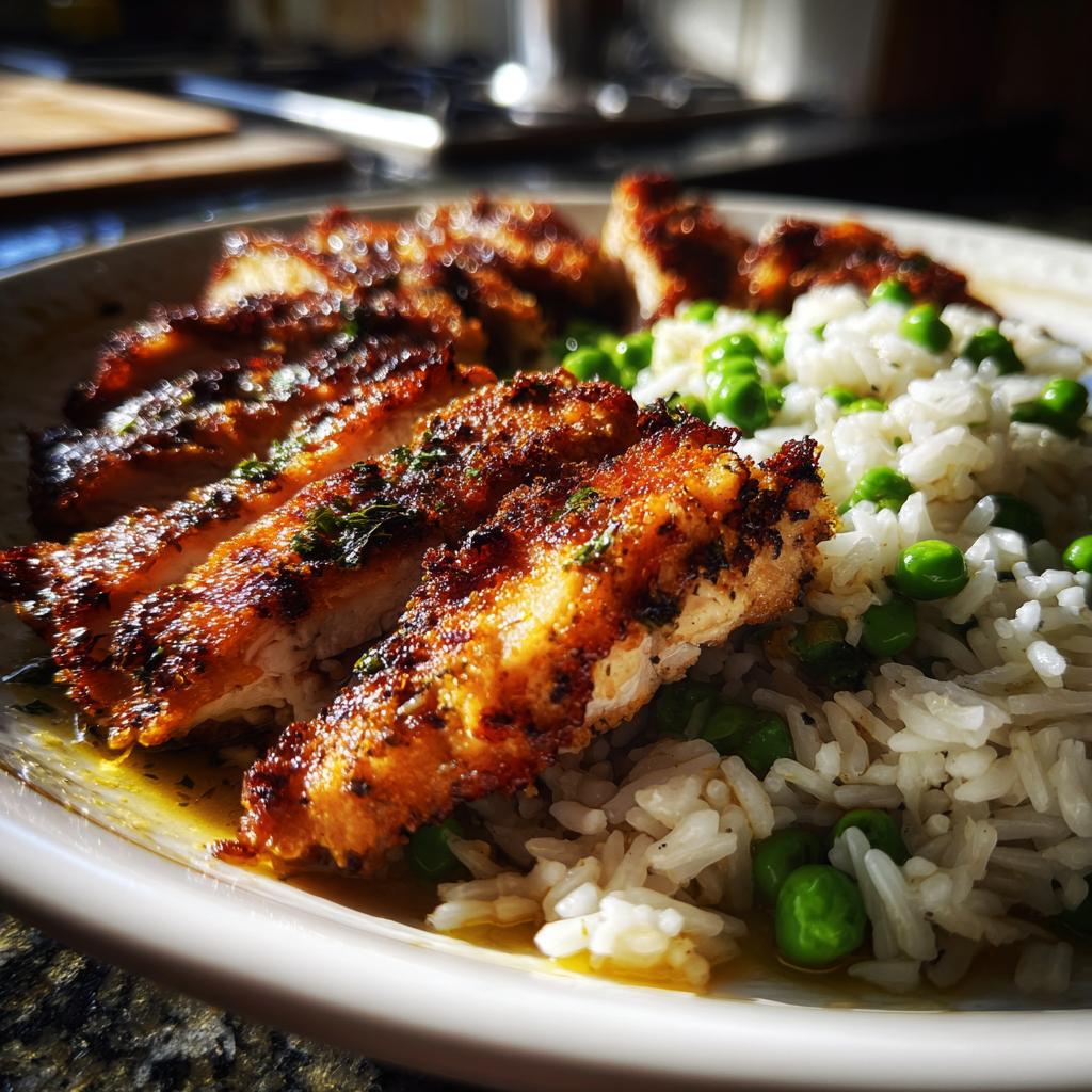 Close-up of a New Years recipe featuring sliced crispy chicken breast served with fluffy white rice and bright green peas.