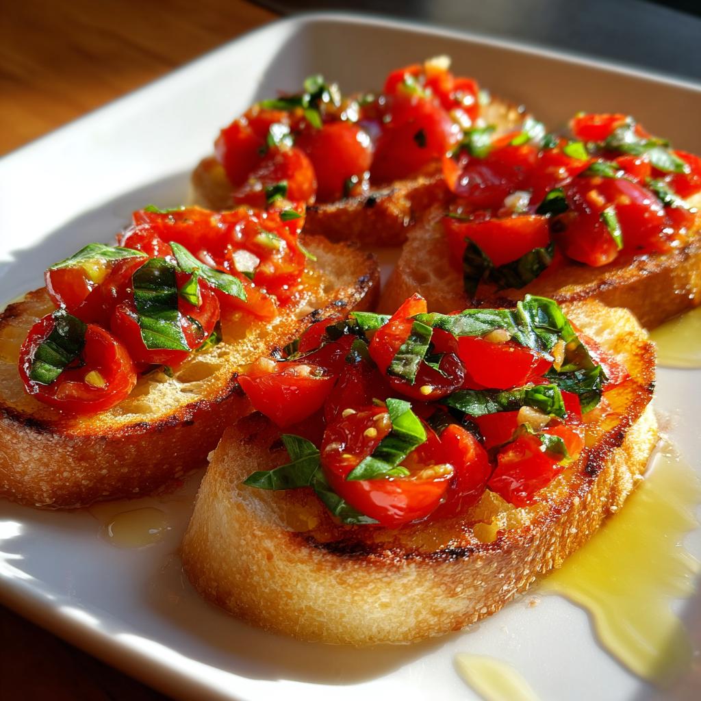 Close-up of easy NYE appetizers: fresh tomato bruschetta on toasted bread with basil and olive oil.