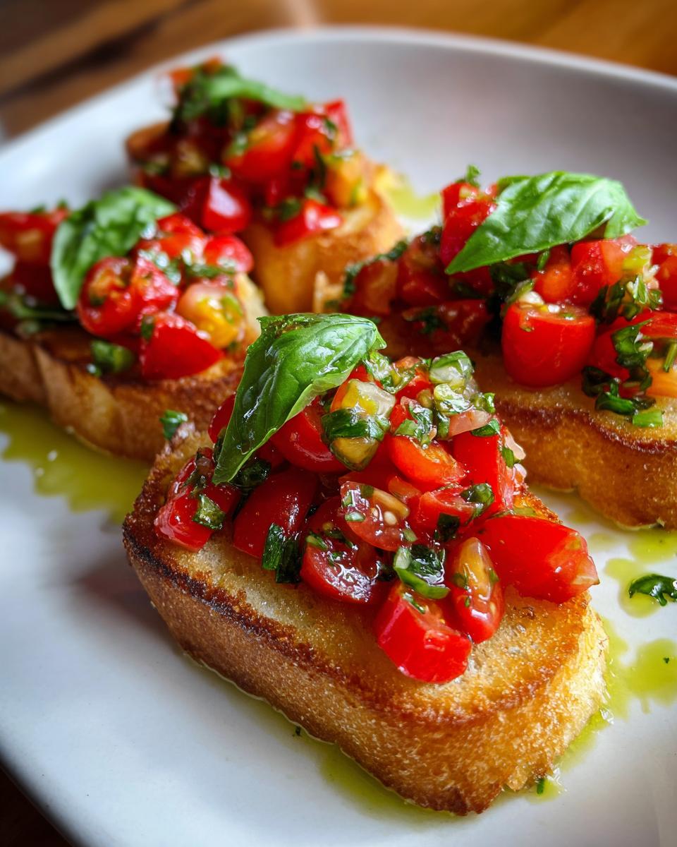 Close-up of easy NYE appetizers: toasted baguette slices topped with fresh chopped tomatoes, basil, and olive oil.