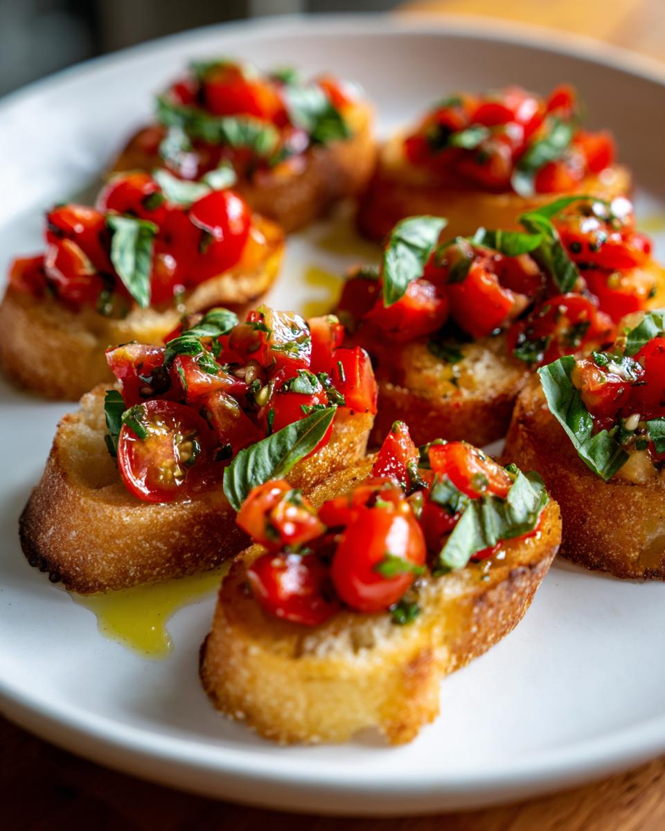 Close-up of several easy NYE appetizers: toasted baguette slices topped with fresh chopped tomatoes, basil, and olive oil.