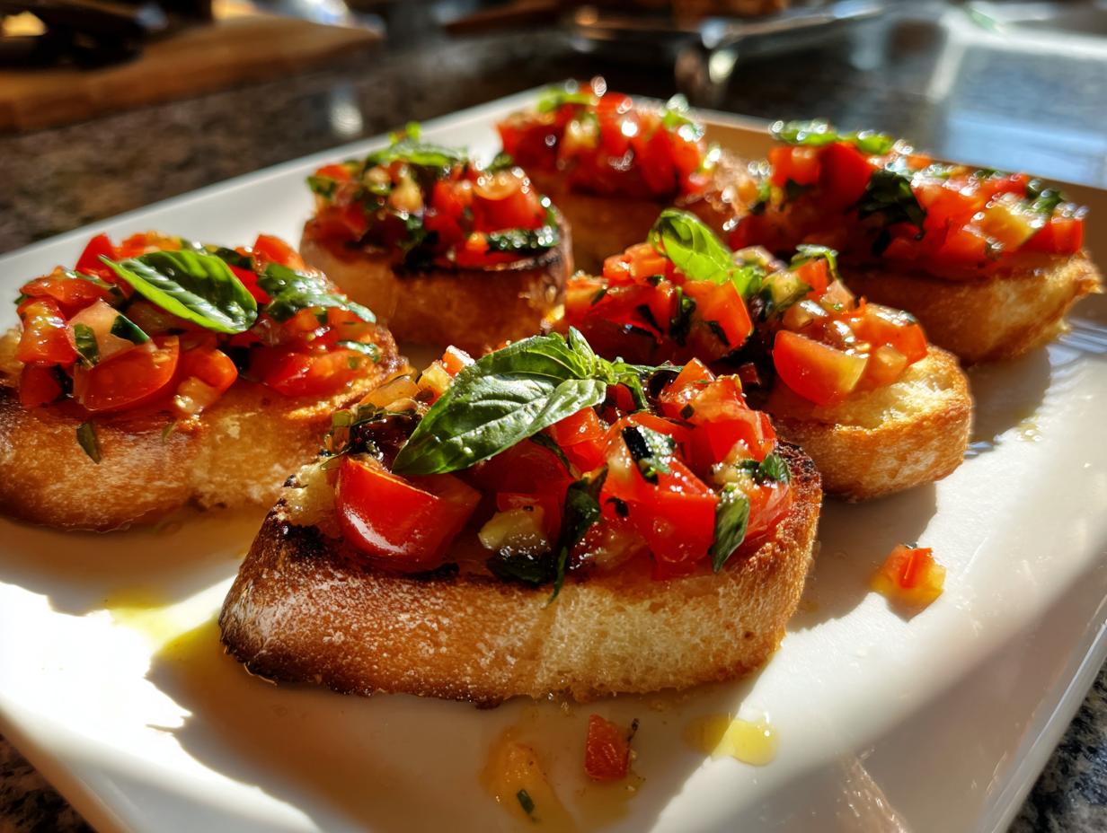 Close-up of fresh tomato bruschetta, a perfect example of easy NYE appetizers, topped with basil.