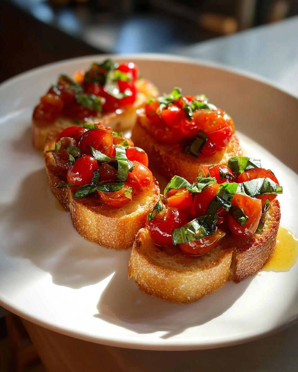 Four easy NYE appetizers: tomato bruschetta bites topped with fresh basil on a white plate.