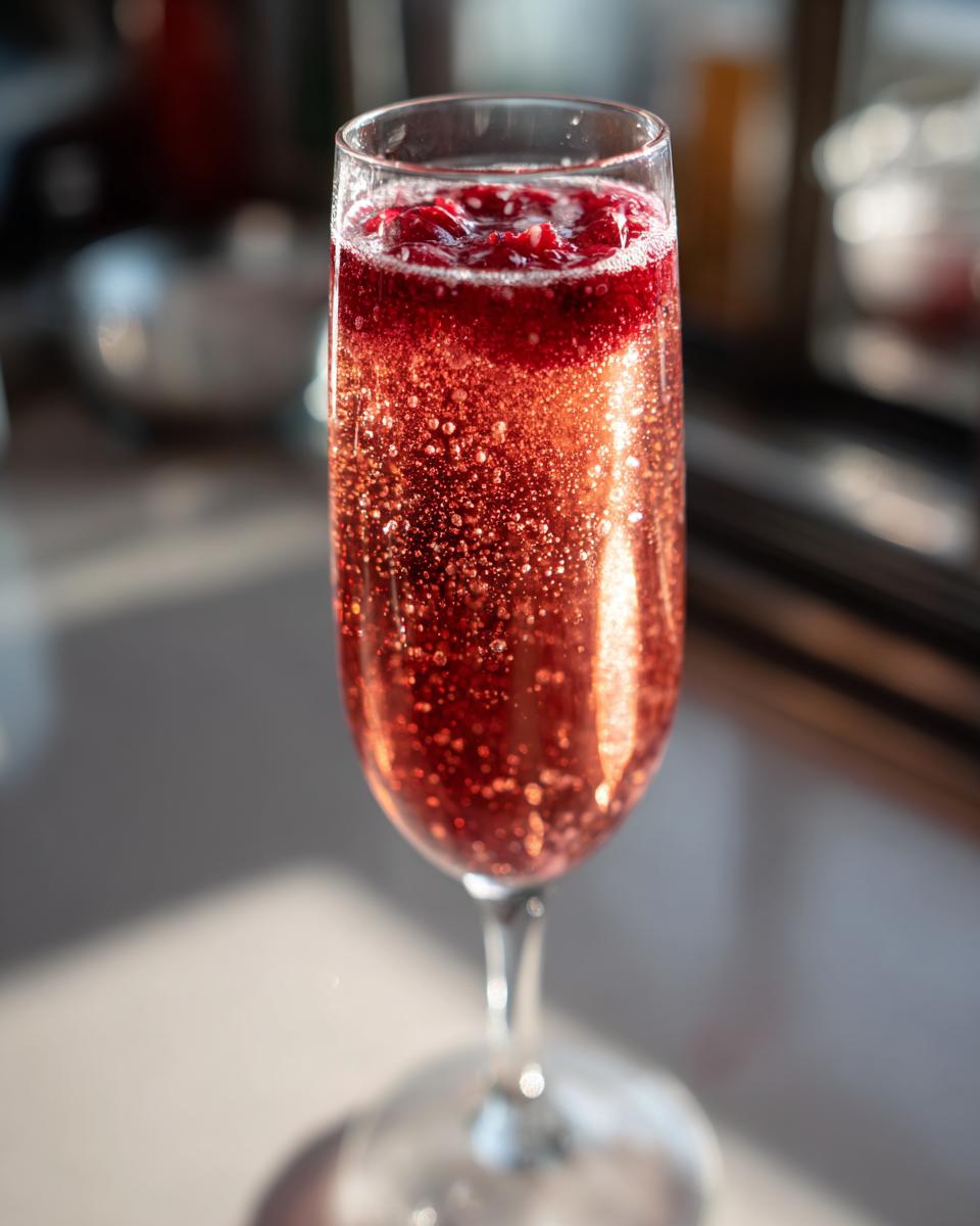 A close-up of a festive NYE cocktail in a champagne flute, filled with sparkling red liquid and topped with cranberries.