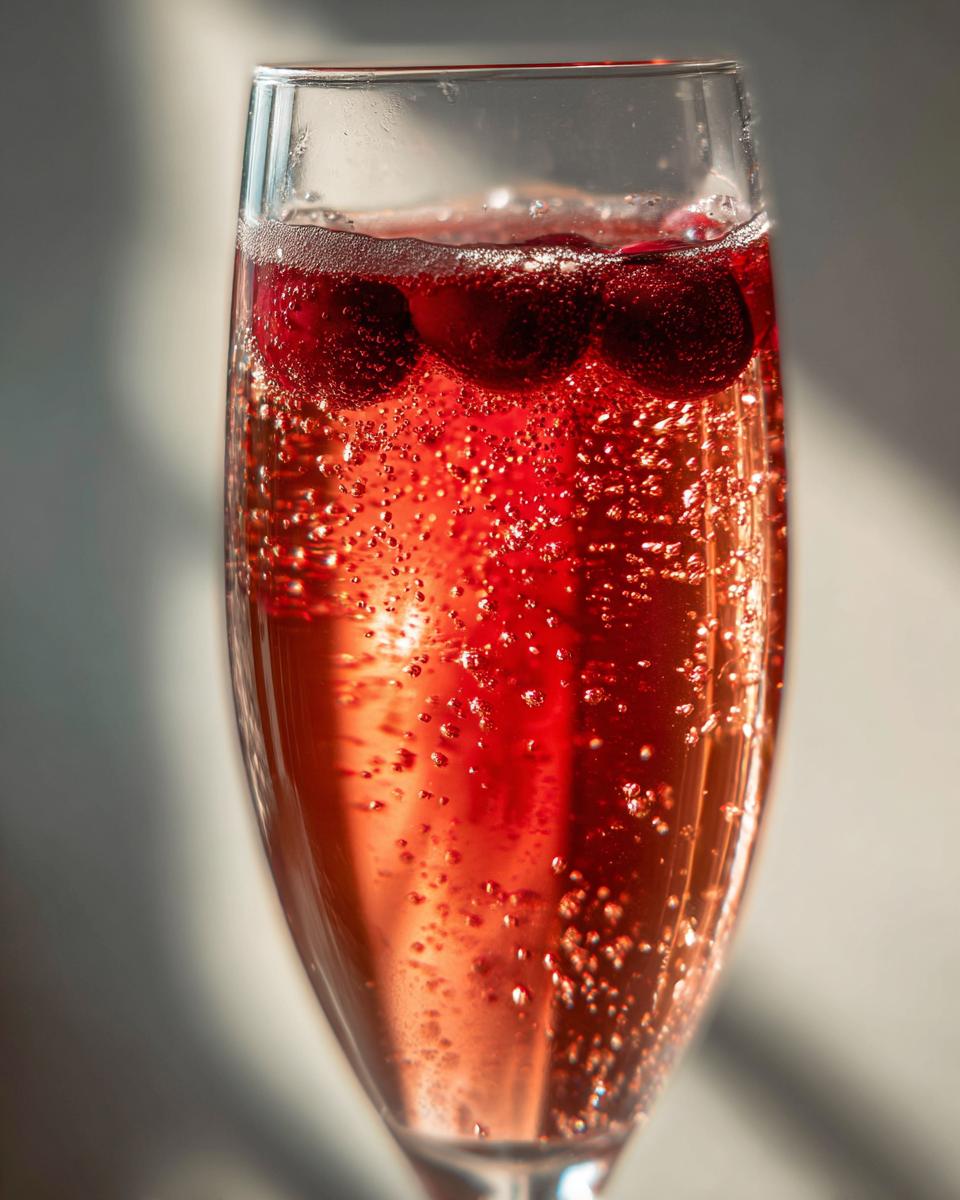 Close-up of a sparkling red NYE cocktail in a champagne flute, garnished with three whole cranberries.