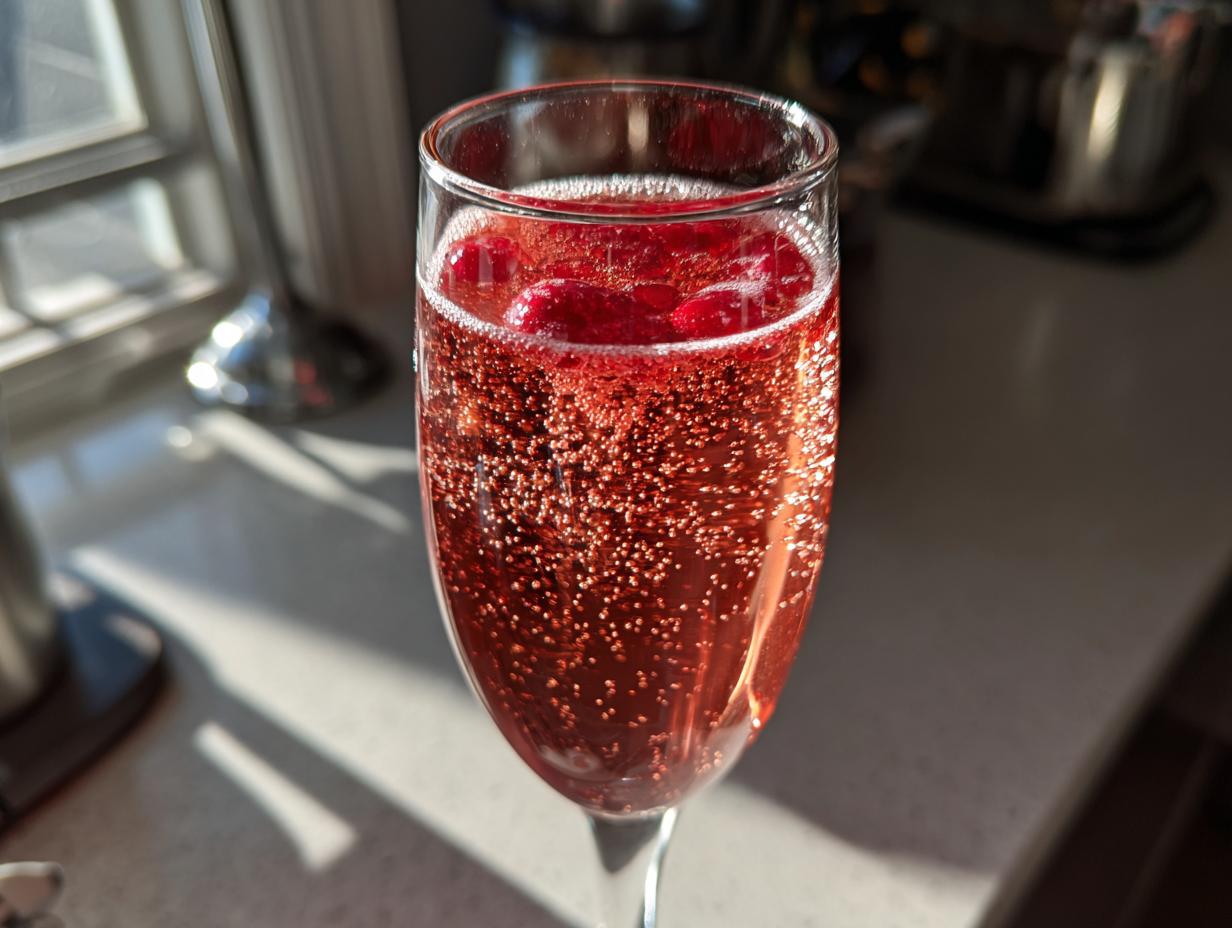 Close-up of a festive NYE cocktail with sparkling red liquid and cranberries floating on top.