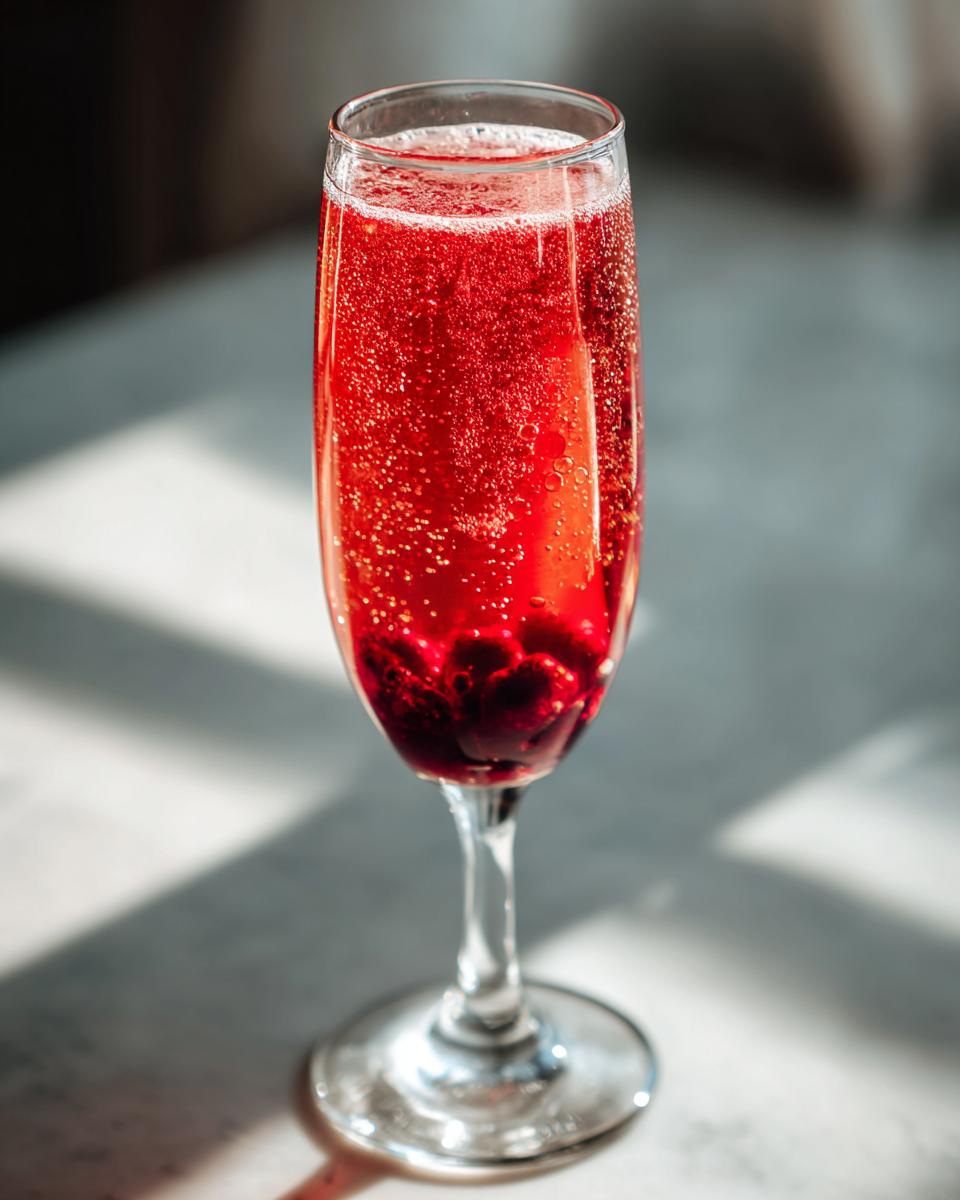 A close-up of a festive red NYE cocktail in a champagne flute, with berries at the bottom and effervescent bubbles.