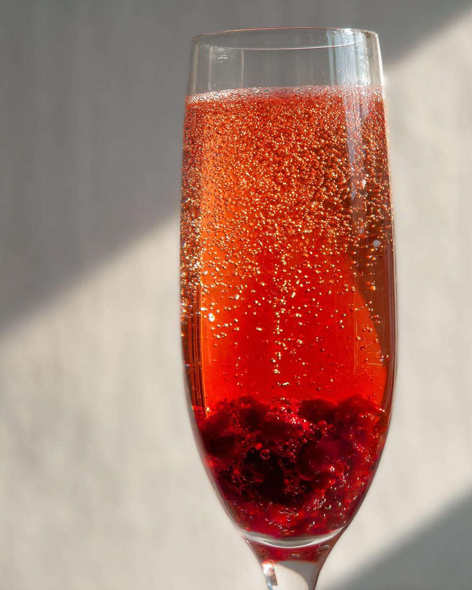 Close-up of a tall glass filled with a sparkling red NYE cocktail, featuring berries at the bottom and effervescent bubbles.