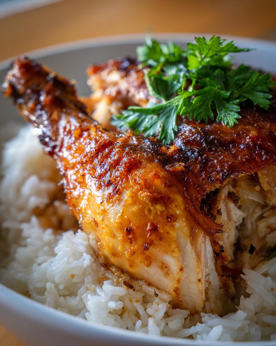 Close-up of a succulent roasted chicken leg and thigh served over fluffy white rice, garnished with fresh parsley, perfect for NYE dinner ideas.