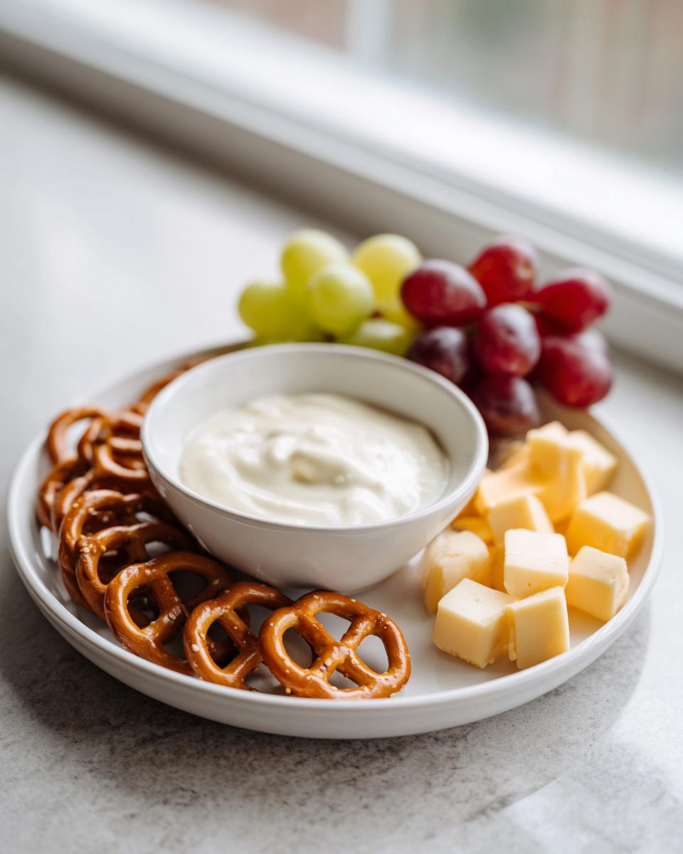 A platter of easy Nye snacks featuring a creamy dip, mini pretzels, cubed cheese, and red and green grapes.
