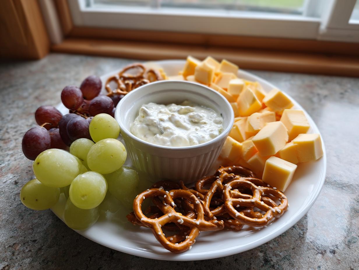 A white platter filled with assorted nye snacks including cubed cheese, grapes, pretzels, and a bowl of dip.