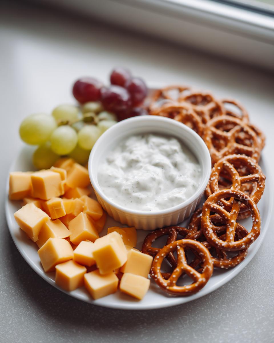 A white platter filled with cubed cheese, green and red grapes, mini pretzels, and a bowl of dip, perfect for nye snacks.