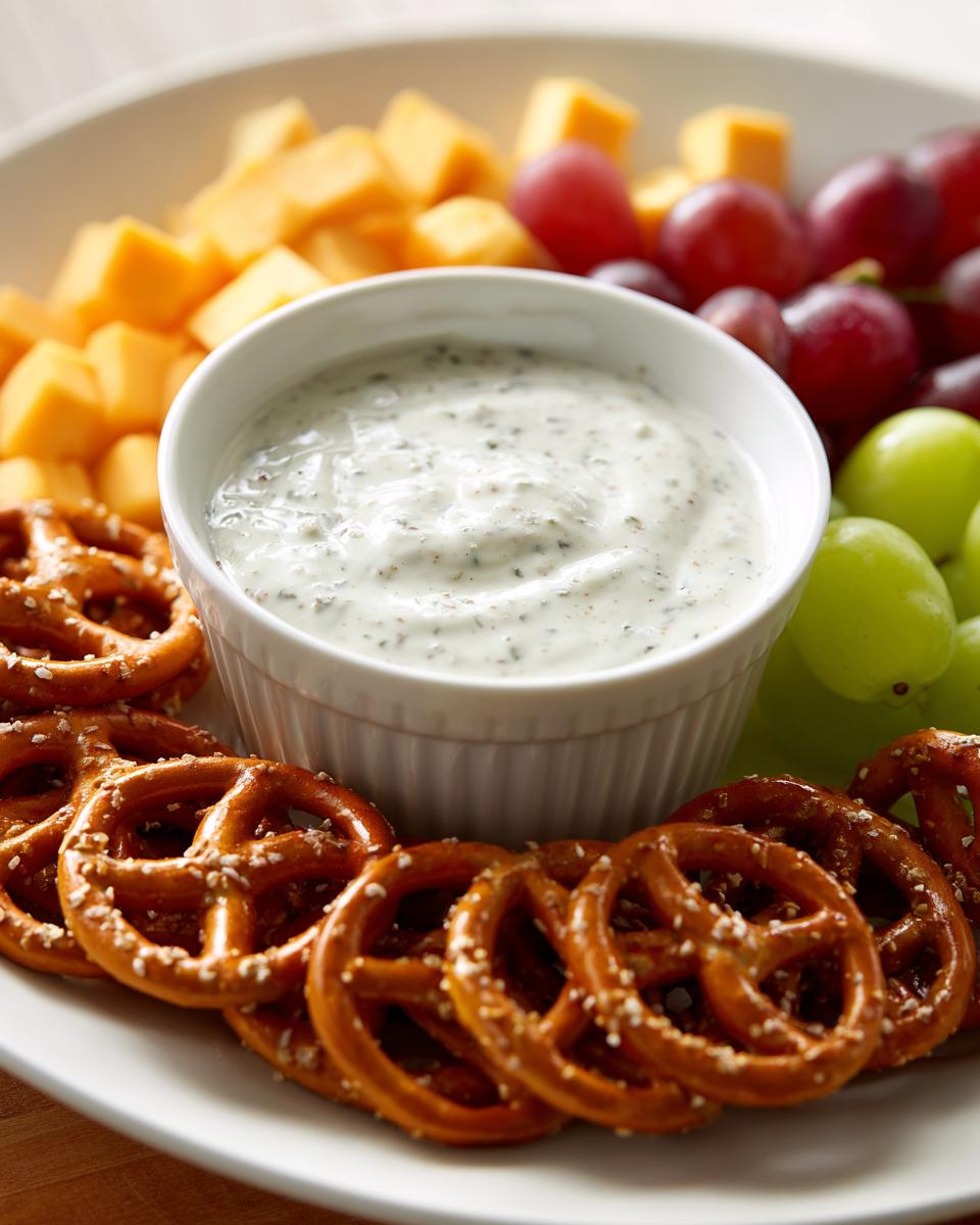 A platter of easy Nye snacks featuring pretzels, cheese cubes, grapes, and a creamy herb dip.
