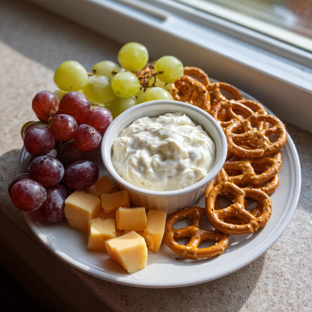A white plate filled with grapes, cheese cubes, pretzels, and a bowl of creamy dip, perfect for nye snacks.