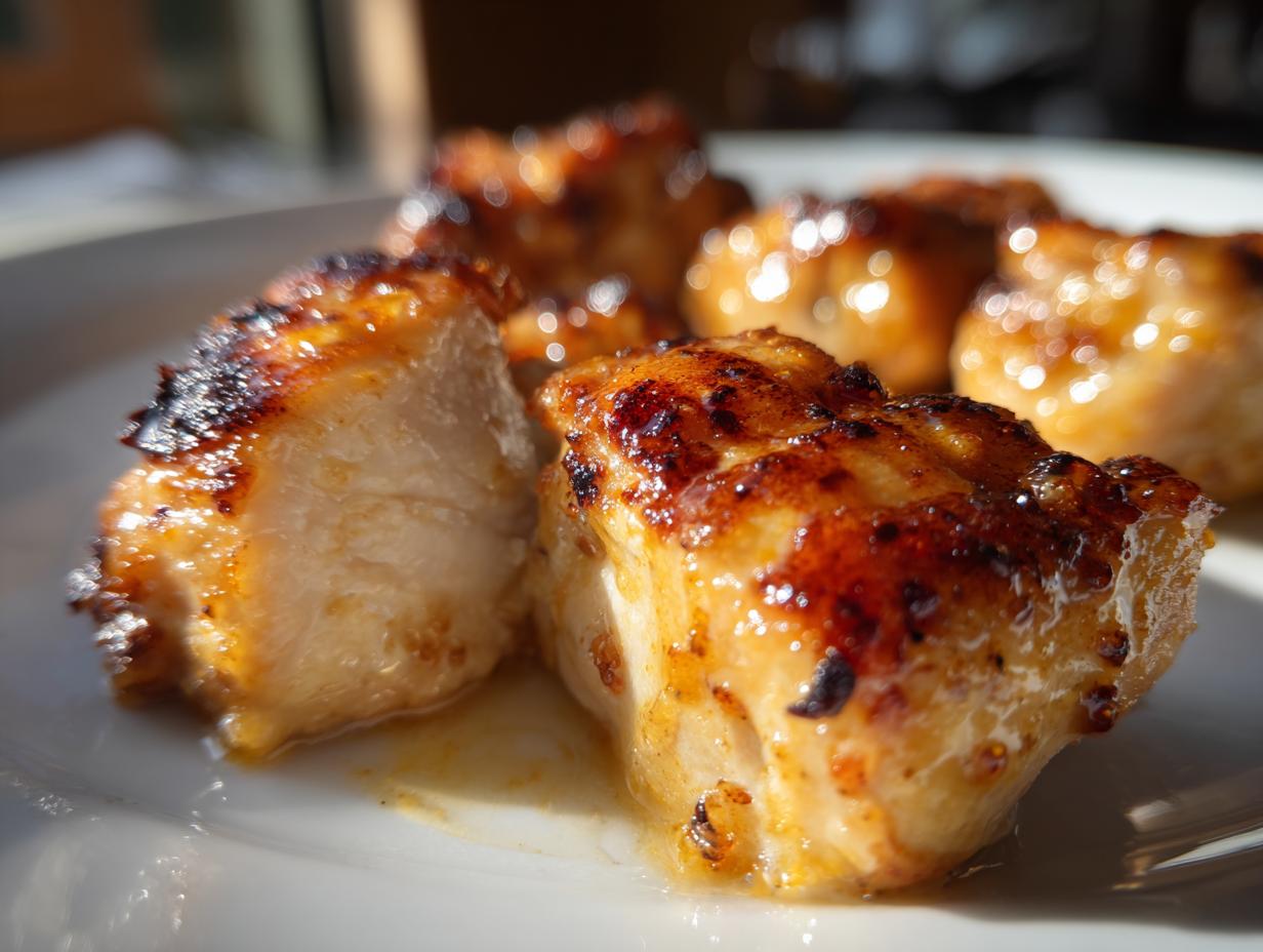 Close-up of juicy, pan-seared chicken bites, a perfect quick chicken dinner idea.
