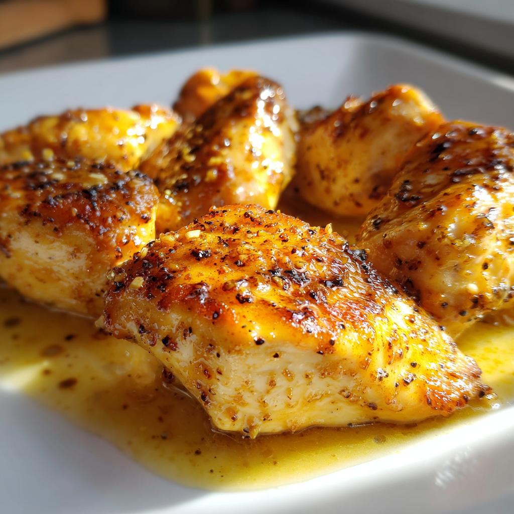 Close-up of juicy pan-seared chicken pieces with a golden-brown crust, seasoned with pepper and herbs, served in a light sauce. A perfect chicken dinner idea.