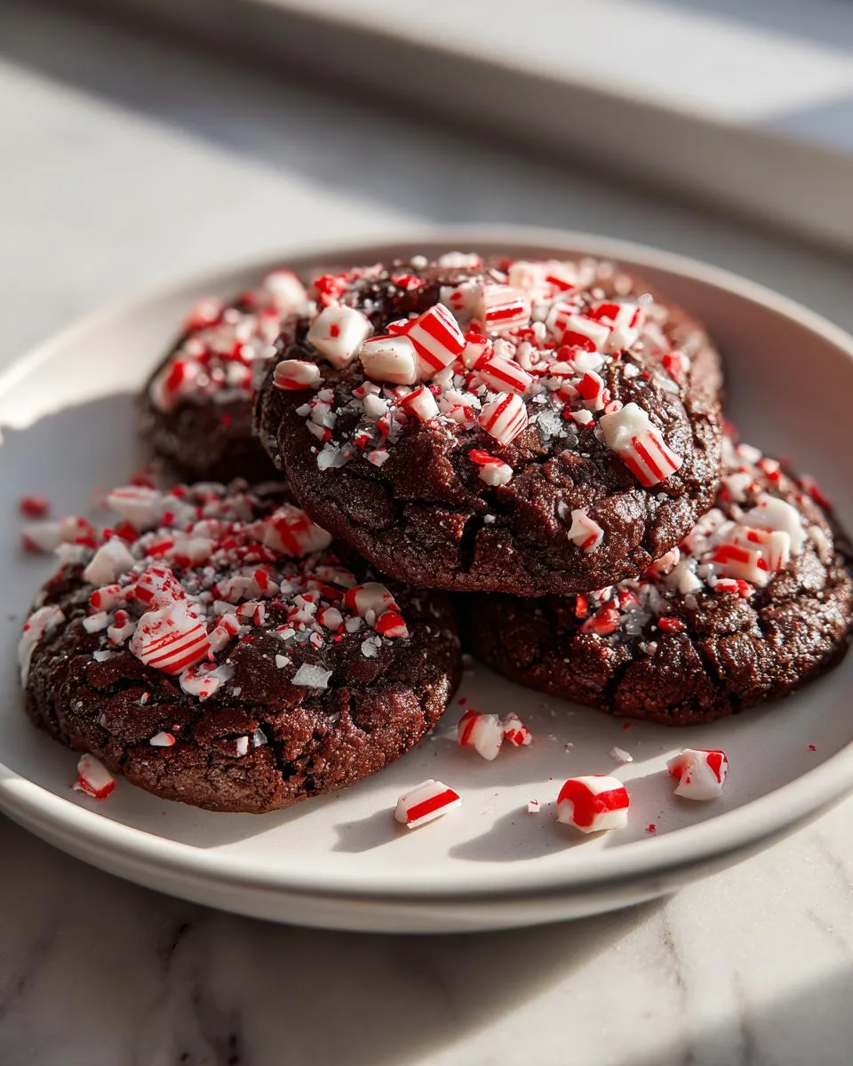 A close-up of rich peppermint chocolate cookies topped with crushed candy canes on a white plate.
