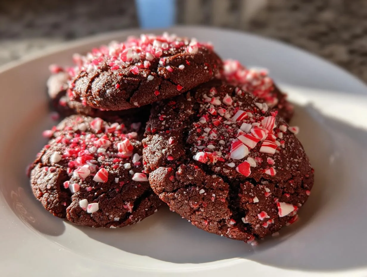 A pile of rich chocolate peppermint cookies topped with crushed candy canes on a white plate.