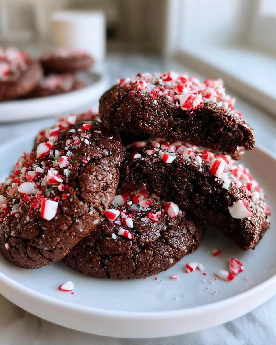 A close-up of rich, dark chocolate peppermint chocolate cookies topped with crushed candy cane pieces and sprinkles.