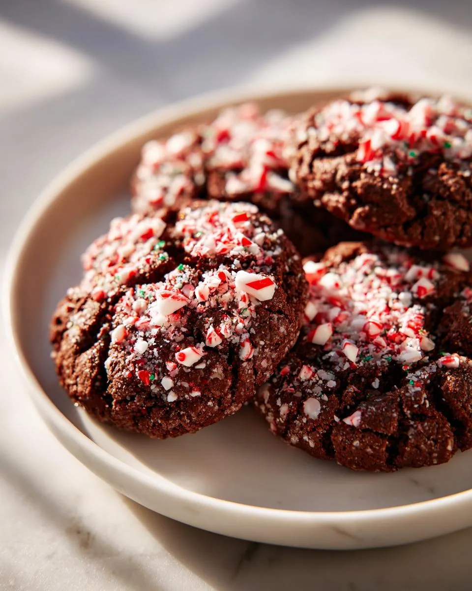 Close-up of rich chocolate cookies topped with crushed peppermint candy and a hint of green sprinkles.