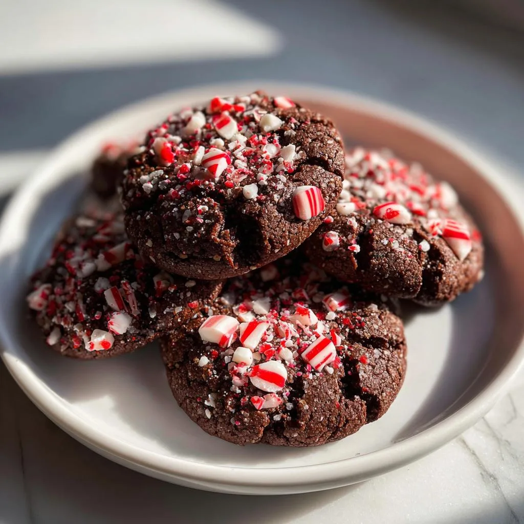 A close-up of rich, dark chocolate cookies topped with crushed peppermint candy and sugar.