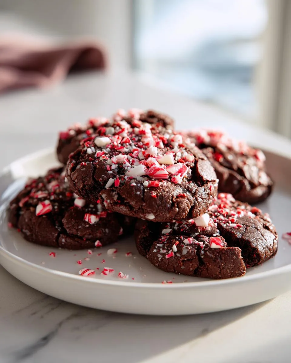 A close-up of several rich, dark chocolate cookies topped with crushed peppermint candy.