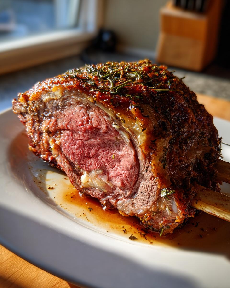 A perfectly cooked prime rib roast with a browned, herb-crusted exterior and a juicy, pink interior.