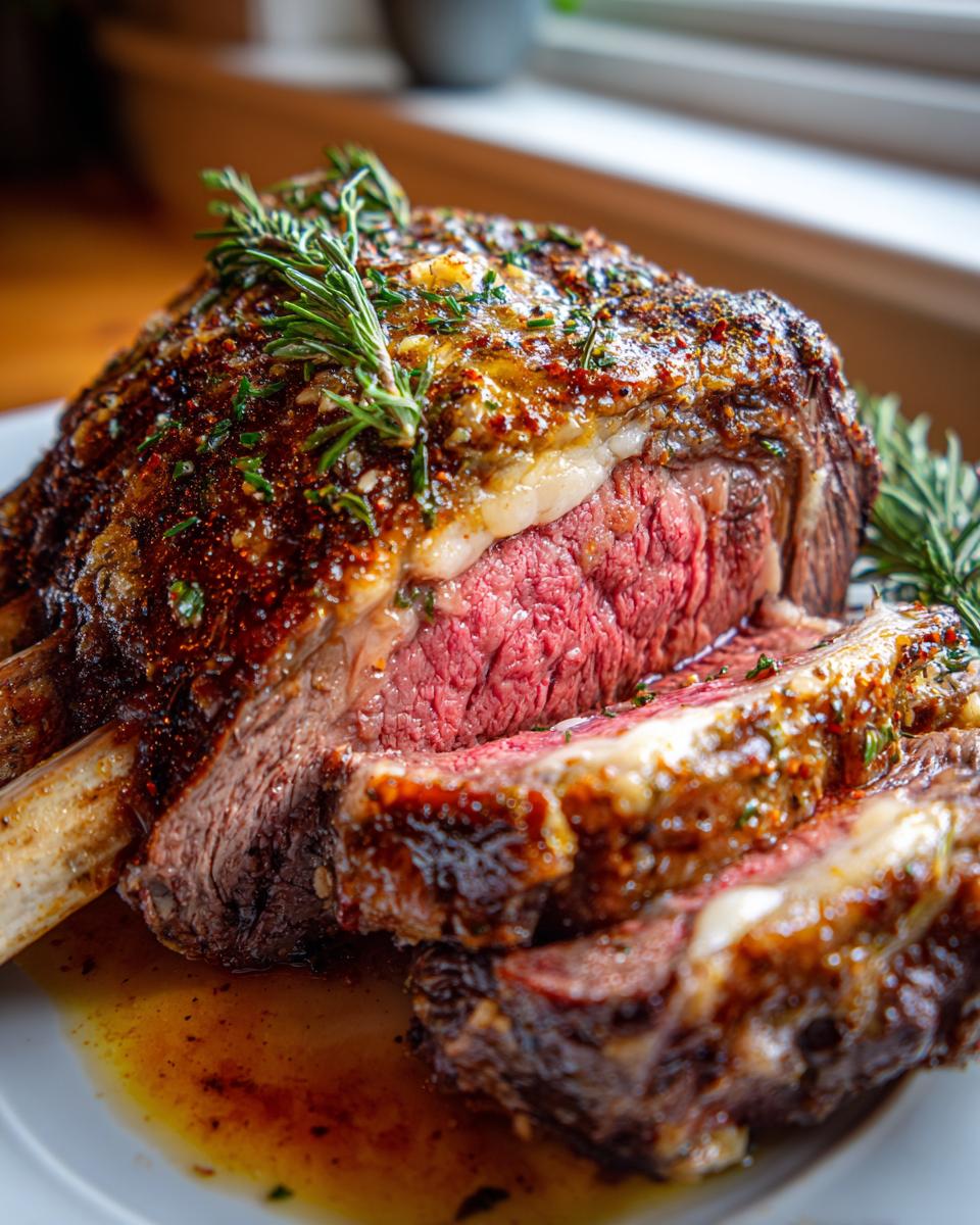 A perfectly cooked prime rib roast, sliced to reveal a juicy pink interior, garnished with fresh rosemary.