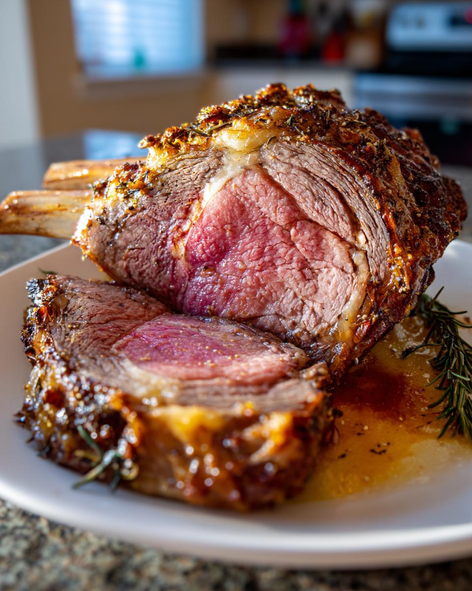 A perfectly cooked prime rib roast, sliced to reveal a juicy pink center and a flavorful herb crust.