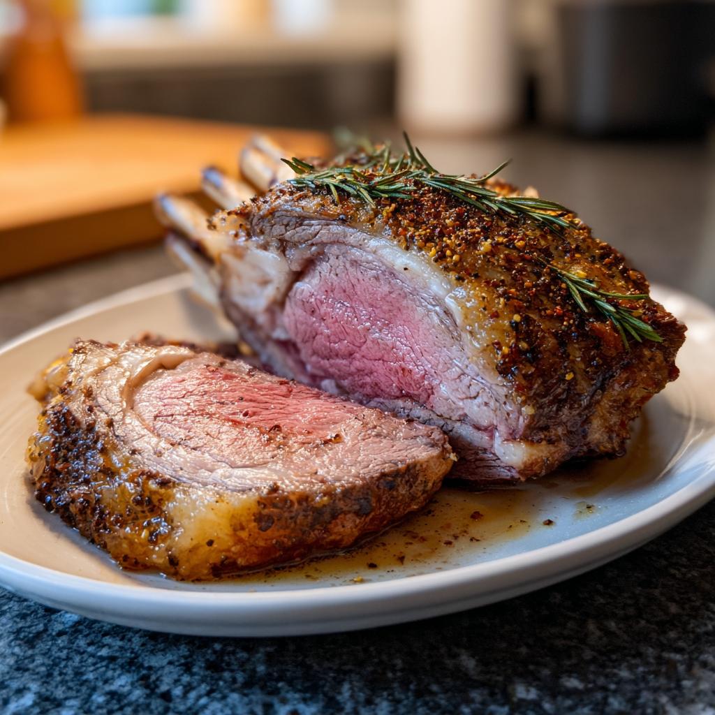 A perfectly cooked prime rib roast, sliced to reveal a tender pink interior, seasoned with herbs and spices.