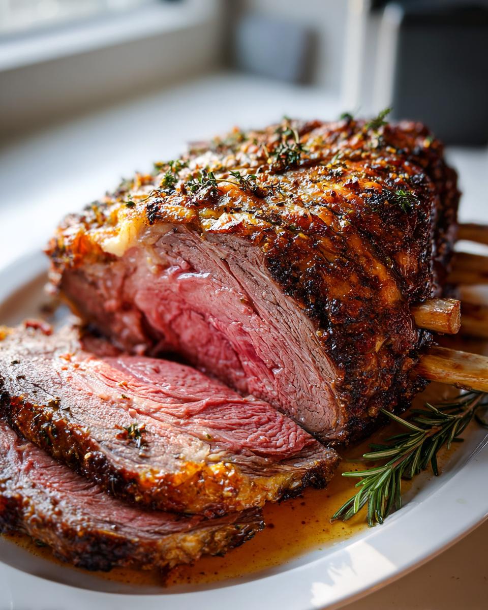 A perfectly roasted prime rib, sliced to reveal a juicy pink center, seasoned with herbs and served with rosemary.